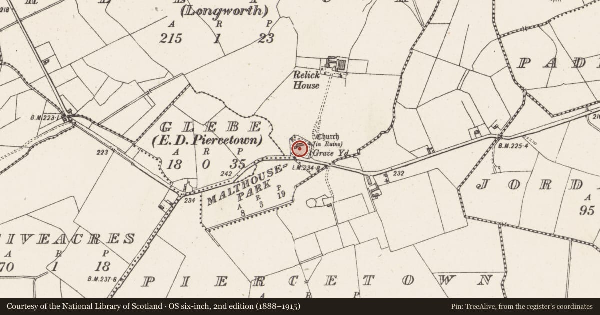 Ordnance Survey six-inch map, 2nd edition (1888–1915) covering the location of Cross-slab, Relick (Longworth), County Westmeath, with a pin at the register's coordinates