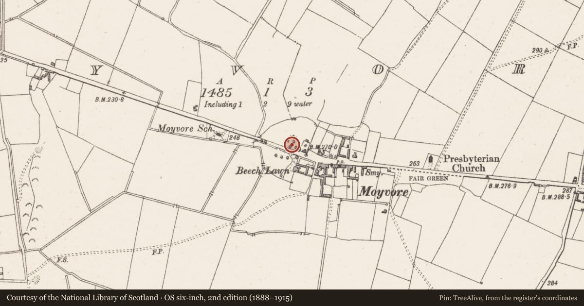 Ordnance Survey six-inch map, 2nd edition (1888–1915) covering the location of Earthwork, Moyvore, County Westmeath, with a pin at the register's coordinates