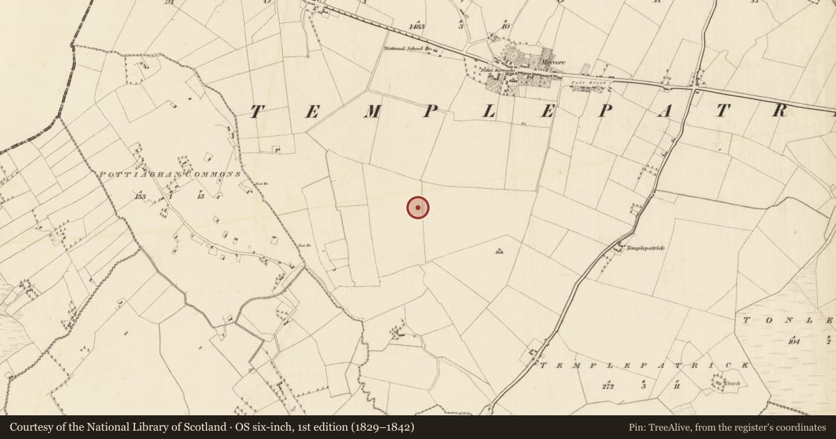 Ordnance Survey six-inch map, 1st edition (1829–1842) covering the location of Earthwork, Moyvore, County Westmeath, with a pin at the register's coordinates