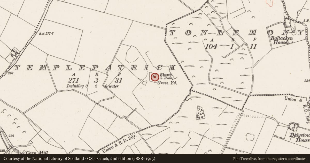 Ordnance Survey six-inch map, 2nd edition (1888–1915) covering the location of Church, Temple Patrick, County Westmeath, with a pin at the register's coordinates