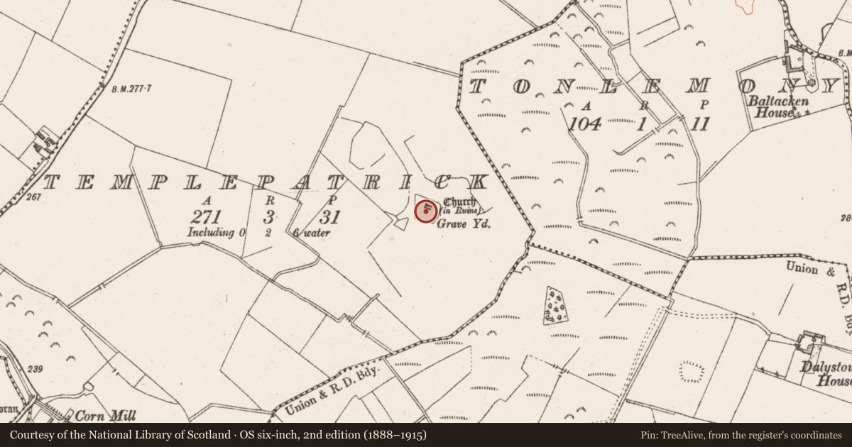 Ordnance Survey six-inch map, 2nd edition (1888–1915) covering the location of Ecclesiastical enclosure, Temple Patrick, County Westmeath, with a pin at the register's coordinates