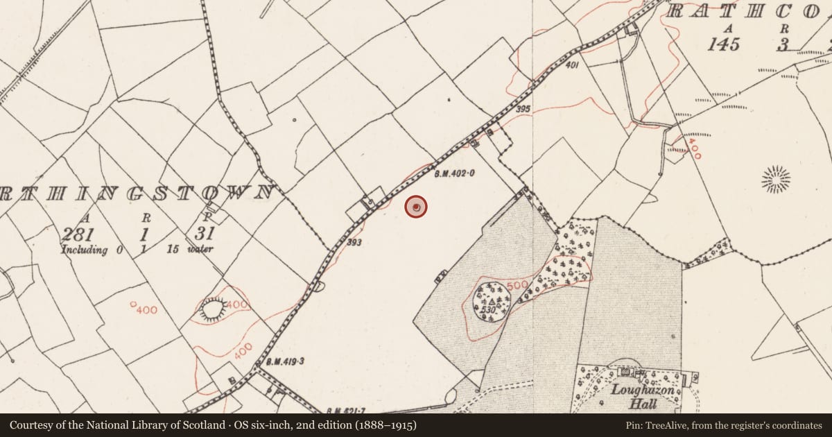 Ordnance Survey six-inch map, 2nd edition (1888–1915) covering the location of Barrow - ring-barrow, Loughan, County Westmeath, with a pin at the register's coordinates