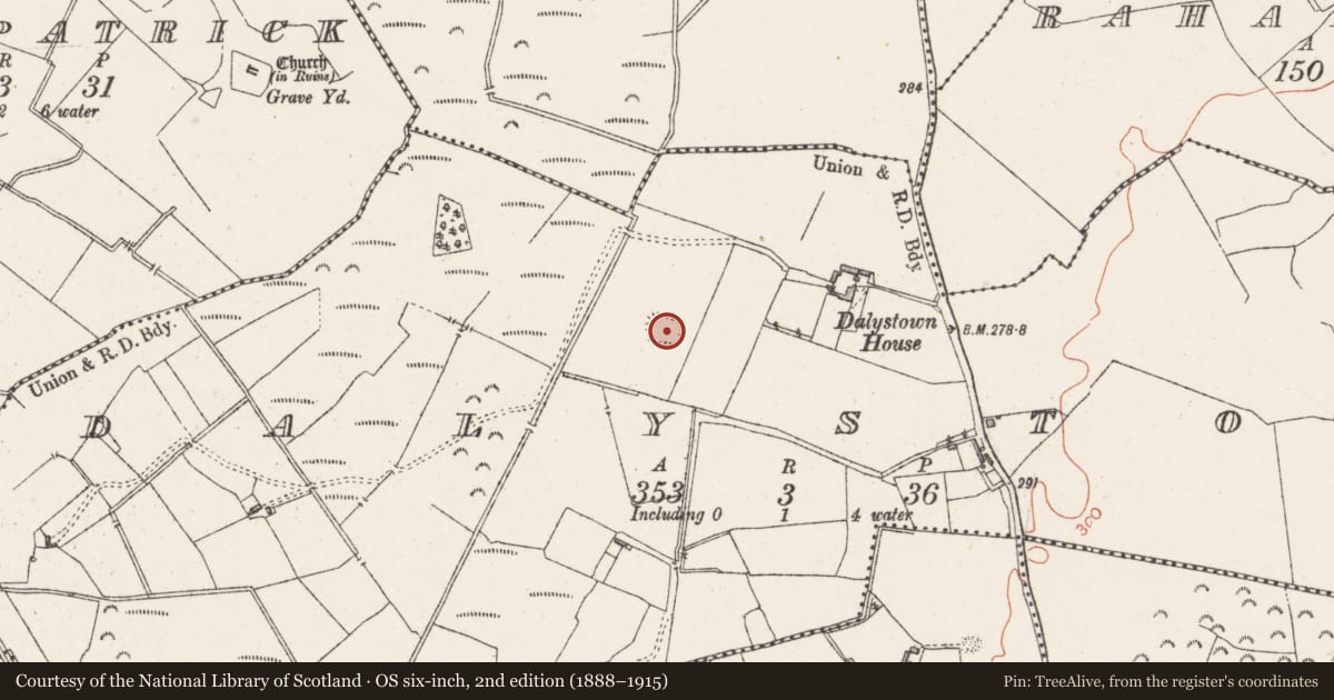 Ordnance Survey six-inch map, 2nd edition (1888–1915) covering the location of Moated site, Dalystown, County Westmeath, with a pin at the register's coordinates