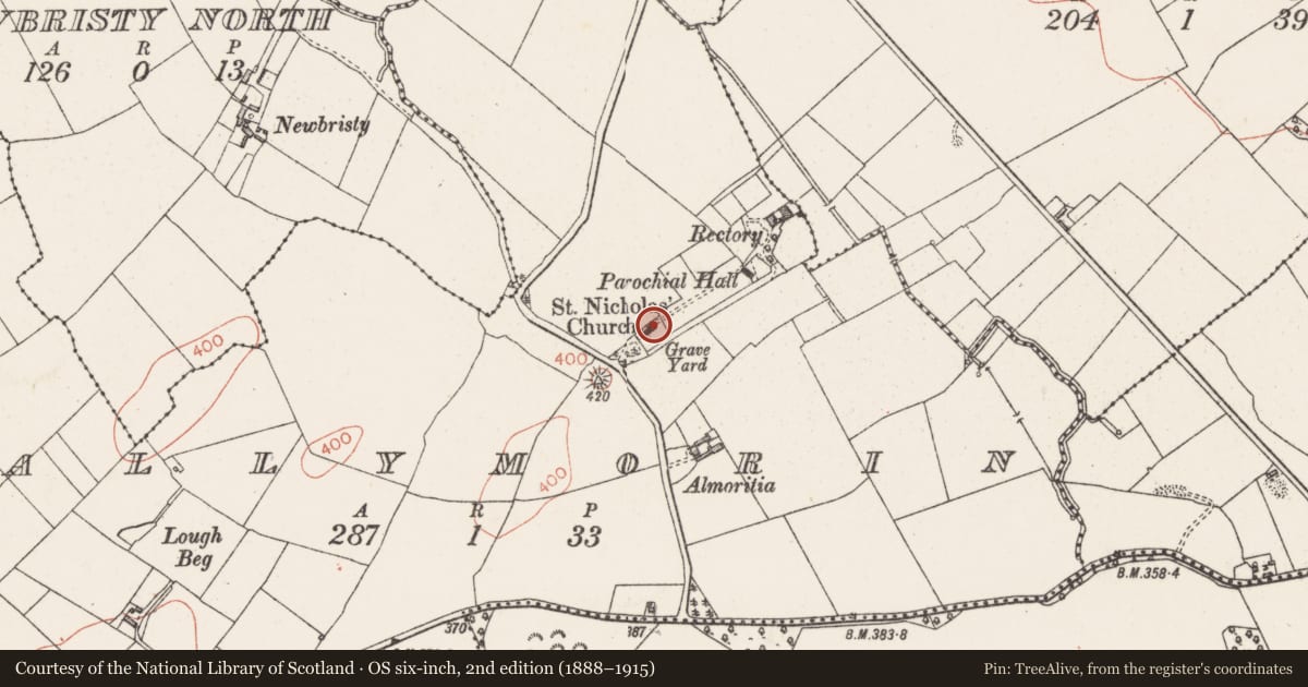 Ordnance Survey six-inch map, 2nd edition (1888–1915) covering the location of Church, Ballymorin, County Westmeath, with a pin at the register's coordinates