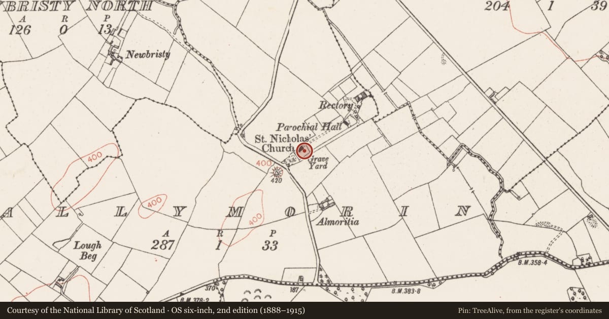 Ordnance Survey six-inch map, 2nd edition (1888–1915) covering the location of Graveyard, Ballymorin, County Westmeath, with a pin at the register's coordinates