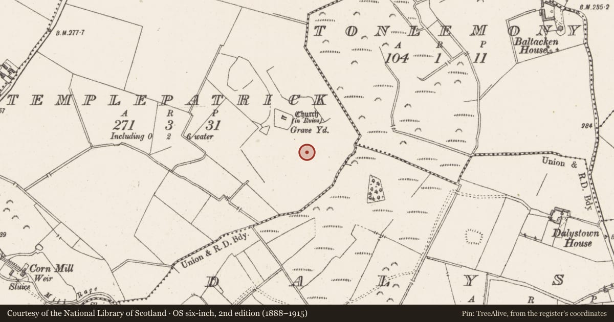 Ordnance Survey six-inch map, 2nd edition (1888–1915) covering the location of Barrow - ring-barrow, Temple Patrick, County Westmeath, with a pin at the register's coordinates