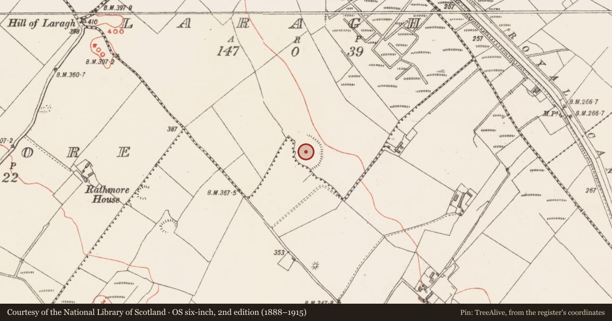 Ordnance Survey six-inch map, 2nd edition (1888–1915) covering the location of Castle - ringwork, Laragh, County Westmeath, with a pin at the register's coordinates