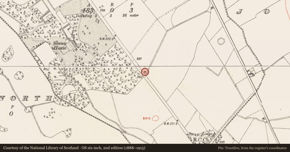 Ordnance Survey six-inch map, 2nd edition (1888–1915) covering the location of Flat cemetery, Sonna Demesne, County Westmeath, with a pin at the register's coordinates