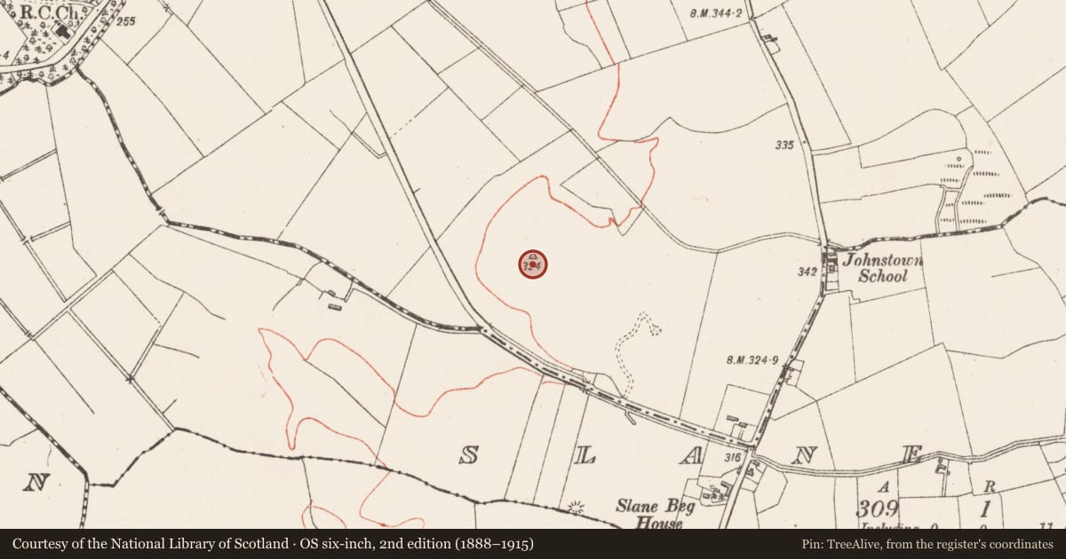 Ordnance Survey six-inch map, 2nd edition (1888–1915) covering the location of Burial mound, Slane Beg, County Westmeath, with a pin at the register's coordinates