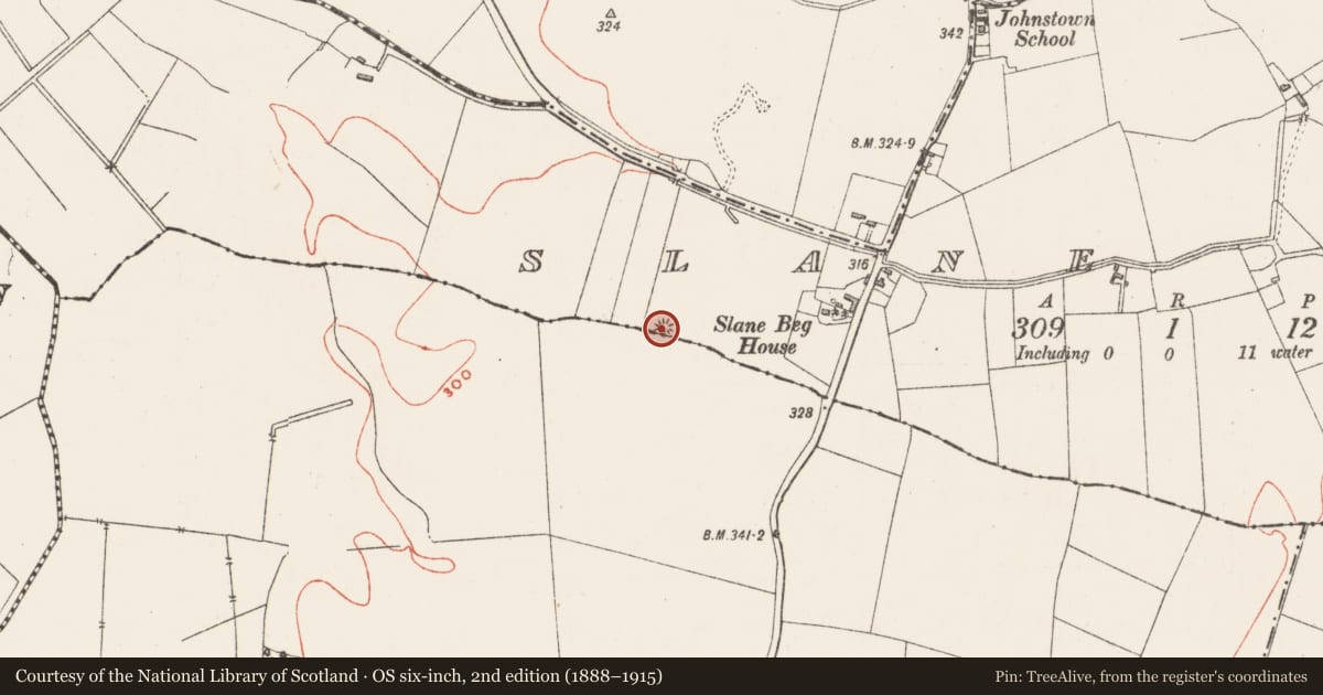 Ordnance Survey six-inch map, 2nd edition (1888–1915) covering the location of Barrow - mound barrow, Slane Beg, County Westmeath, with a pin at the register's coordinates