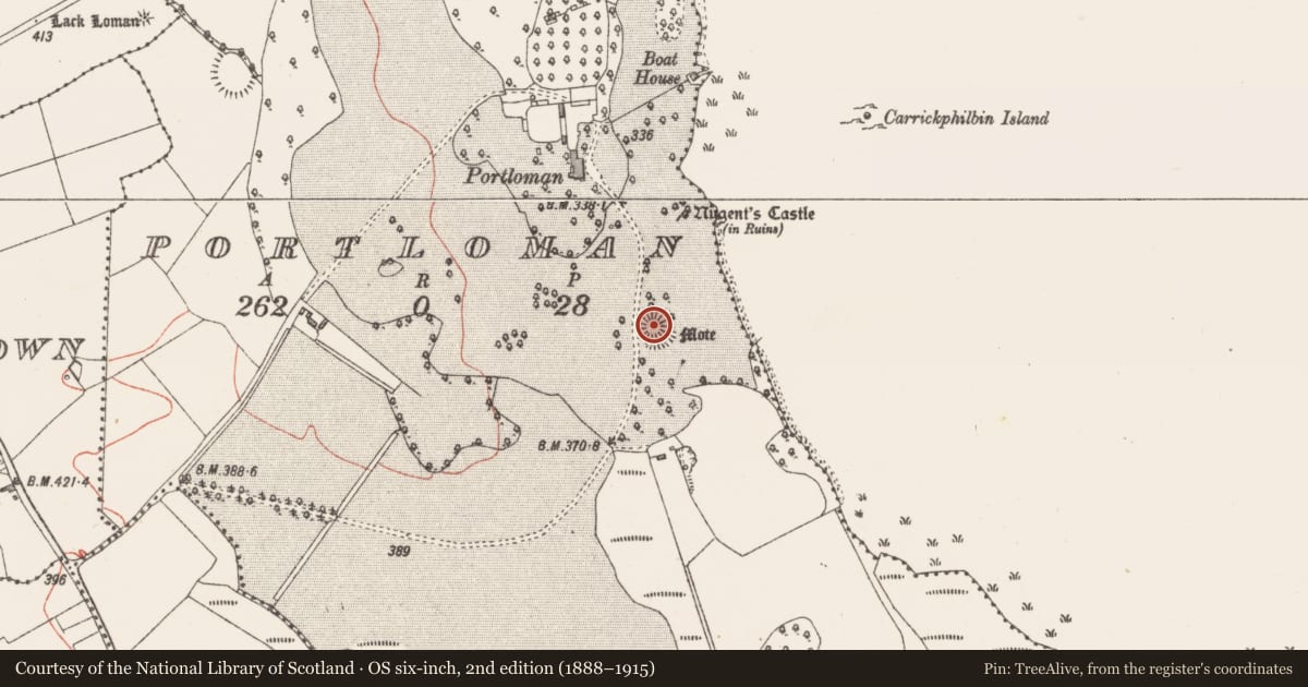 Ordnance Survey six-inch map, 2nd edition (1888–1915) covering the location of Castle - motte, Portloman, County Westmeath, with a pin at the register's coordinates