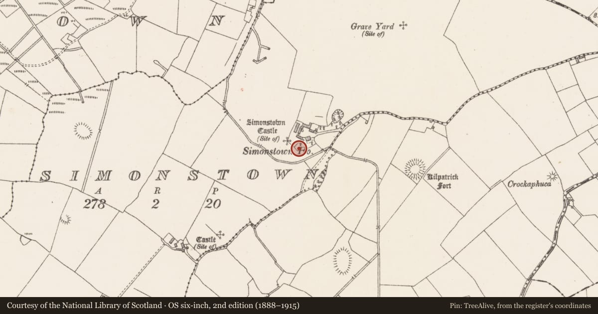 Ordnance Survey six-inch map, 2nd edition (1888–1915) covering the location of Castle - unclassified, Simonstown, County Westmeath, with a pin at the register's coordinates