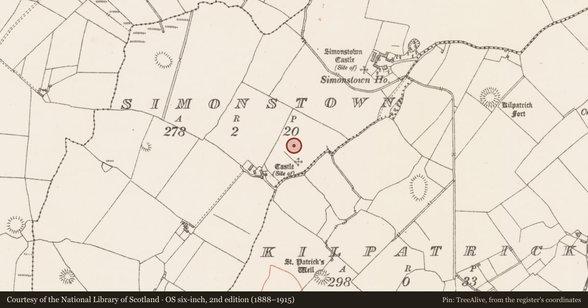 Ordnance Survey six-inch map, 2nd edition (1888–1915) covering the location of Castle - unclassified, Simonstown, County Westmeath, with a pin at the register's coordinates