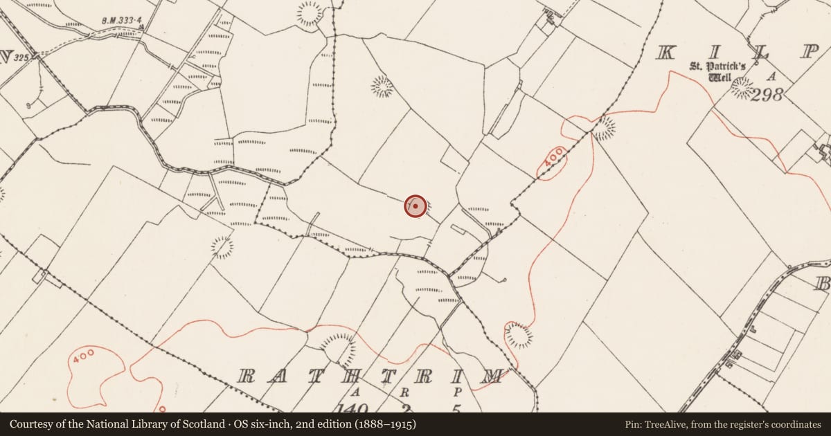 Ordnance Survey six-inch map, 2nd edition (1888–1915) covering the location of Moated site, Simonstown, County Westmeath, with a pin at the register's coordinates