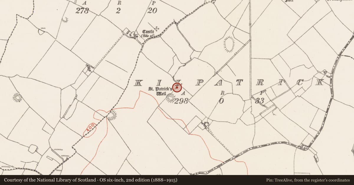 Ordnance Survey six-inch map, 2nd edition (1888–1915) covering the location of Ritual site - holy well, Kilpatrick, County Westmeath, with a pin at the register's coordinates