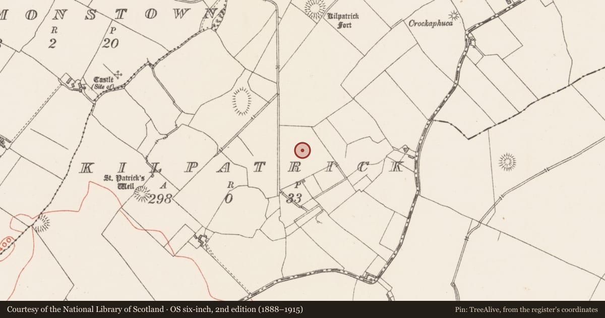 Ordnance Survey six-inch map, 2nd edition (1888–1915) covering the location of Enclosure, Kilpatrick, County Westmeath, with a pin at the register's coordinates