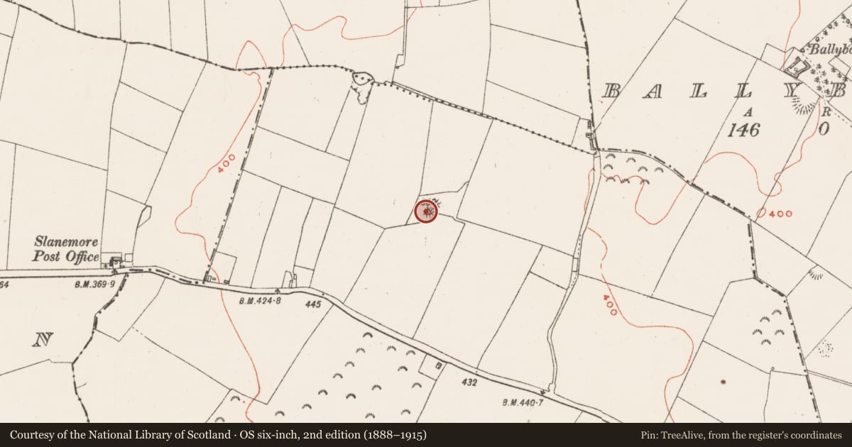 Ordnance Survey six-inch map, 2nd edition (1888–1915) covering the location of Barrow - stepped barrow, Slane More, County Westmeath, with a pin at the register's coordinates