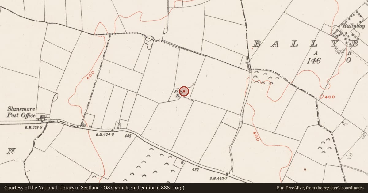 Ordnance Survey six-inch map, 2nd edition (1888–1915) covering the location of Barrow - stepped barrow, Slane More, County Westmeath, with a pin at the register's coordinates