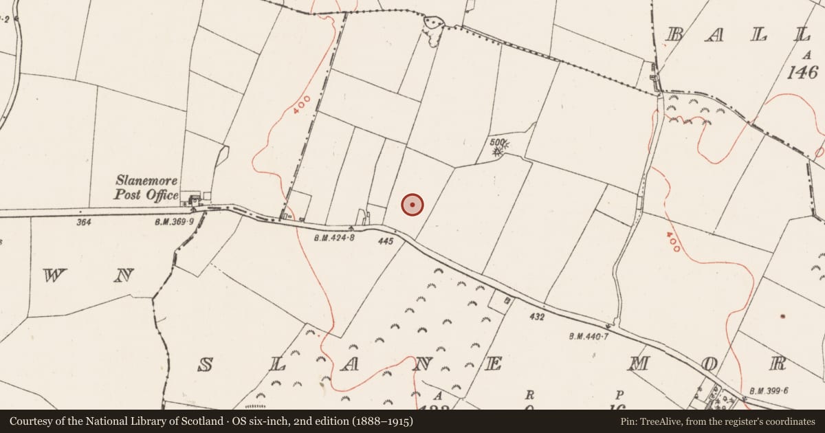Ordnance Survey six-inch map, 2nd edition (1888–1915) covering the location of Barrow - bowl-barrow, Slane More, County Westmeath, with a pin at the register's coordinates