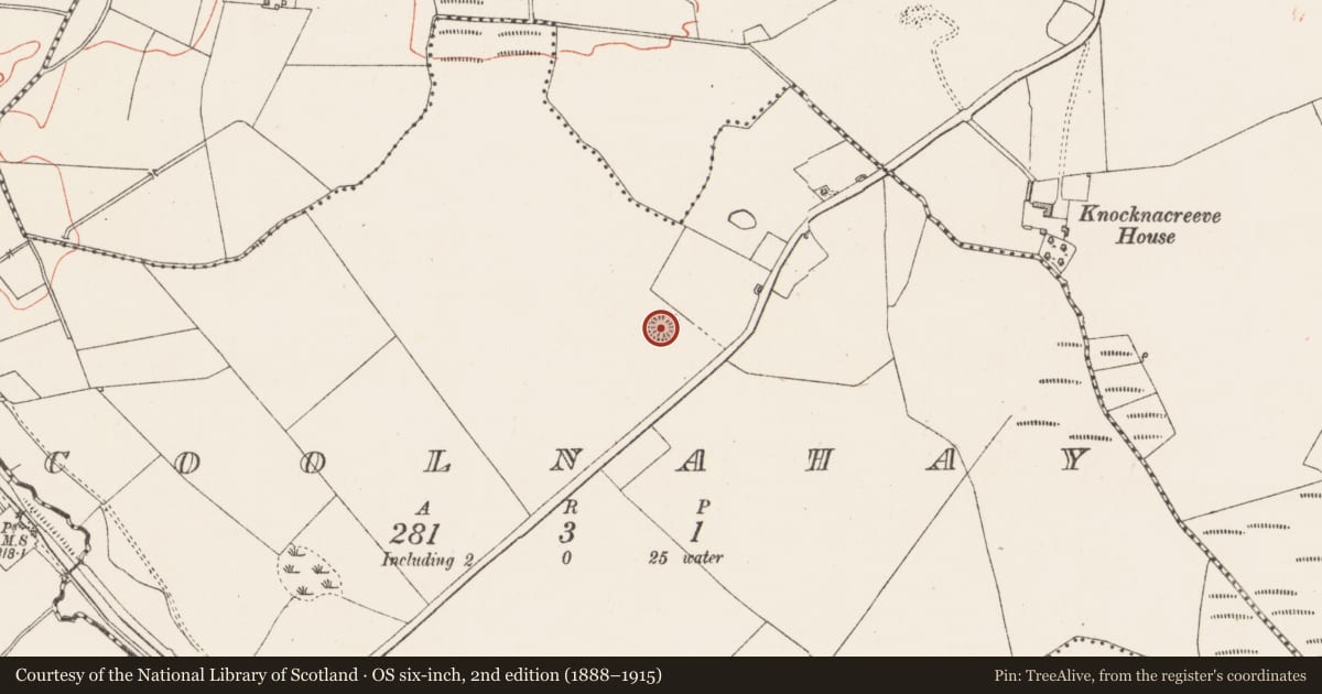 Ordnance Survey six-inch map, 2nd edition (1888–1915) covering the location of Barrow - ring-barrow, Coolnahay, County Westmeath, with a pin at the register's coordinates