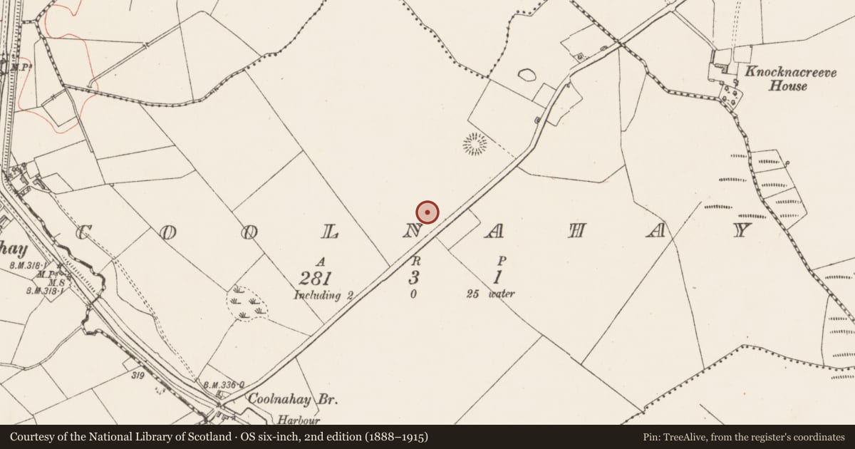Ordnance Survey six-inch map, 2nd edition (1888–1915) covering the location of Barrow - mound barrow, Coolnahay, County Westmeath, with a pin at the register's coordinates