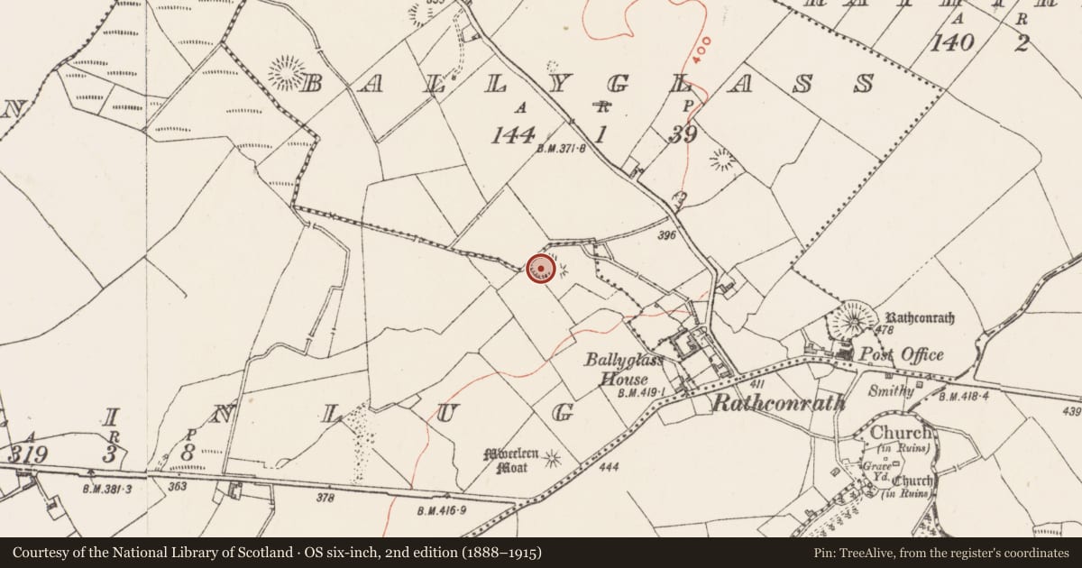 Ordnance Survey six-inch map, 2nd edition (1888–1915) covering the location of House - indeterminate date, Ballinlug, County Westmeath, with a pin at the register's coordinates