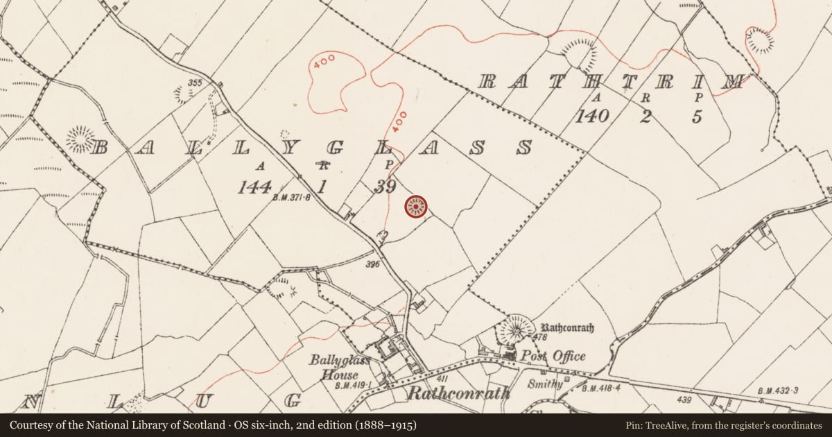 Ordnance Survey six-inch map, 2nd edition (1888–1915) covering the location of Barrow - ring-barrow, Ballyglass, County Westmeath, with a pin at the register's coordinates