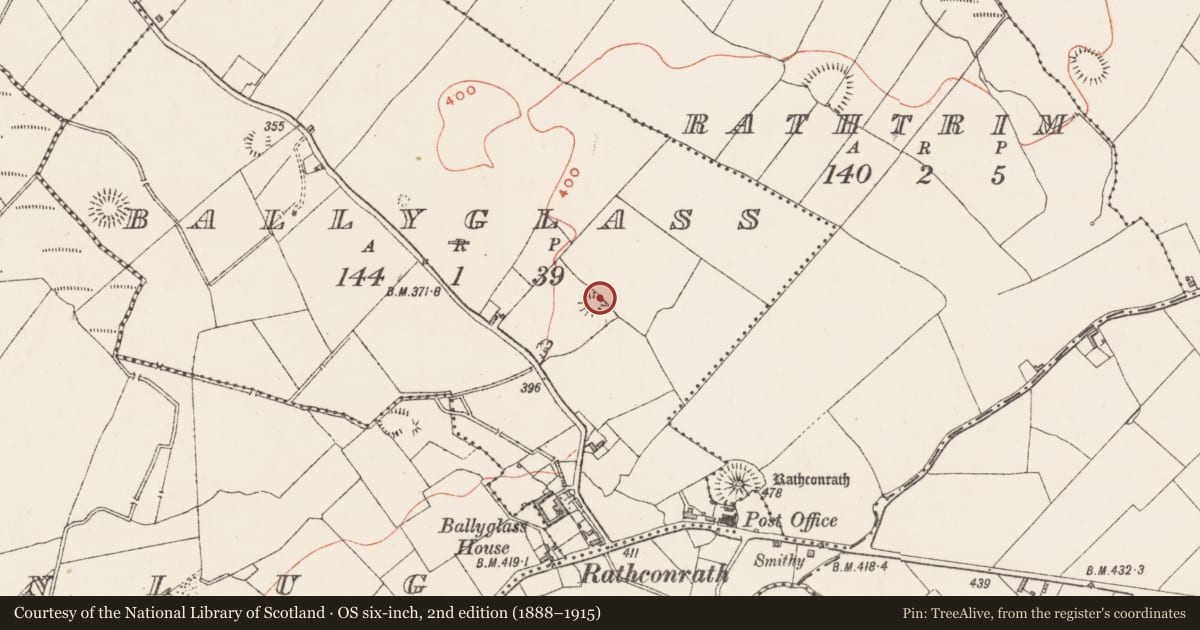 Ordnance Survey six-inch map, 2nd edition (1888–1915) covering the location of Megalithic structure, Ballyglass, County Westmeath, with a pin at the register's coordinates