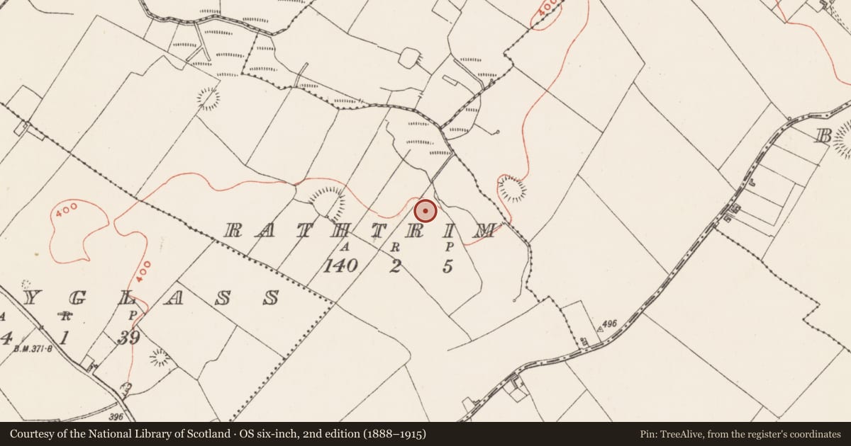 Ordnance Survey six-inch map, 2nd edition (1888–1915) covering the location of Barrow - mound barrow, Rathtrim, County Westmeath, with a pin at the register's coordinates
