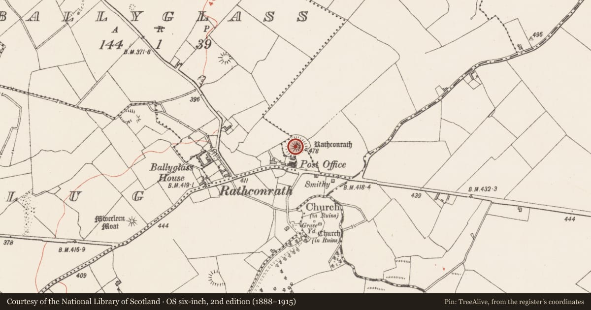 Ordnance Survey six-inch map, 2nd edition (1888–1915) covering the location of Castle - motte, Rathtrim, County Westmeath, with a pin at the register's coordinates