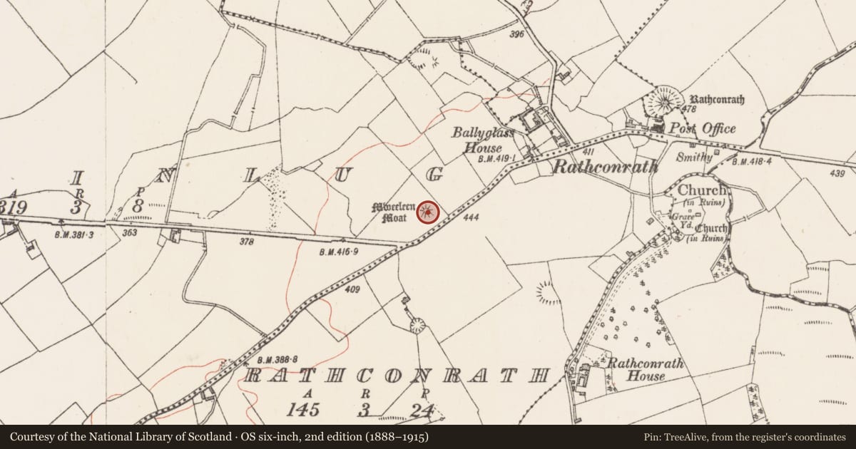 Ordnance Survey six-inch map, 2nd edition (1888–1915) covering the location of Barrow - stepped barrow, Ballinlug, County Westmeath, with a pin at the register's coordinates