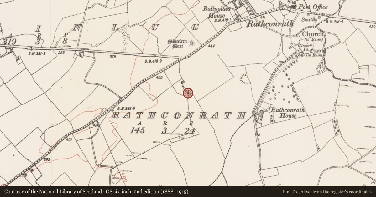 Ordnance Survey six-inch map, 2nd edition (1888–1915) covering the location of Ringfort - rath, Rathconrath, County Westmeath, with a pin at the register's coordinates