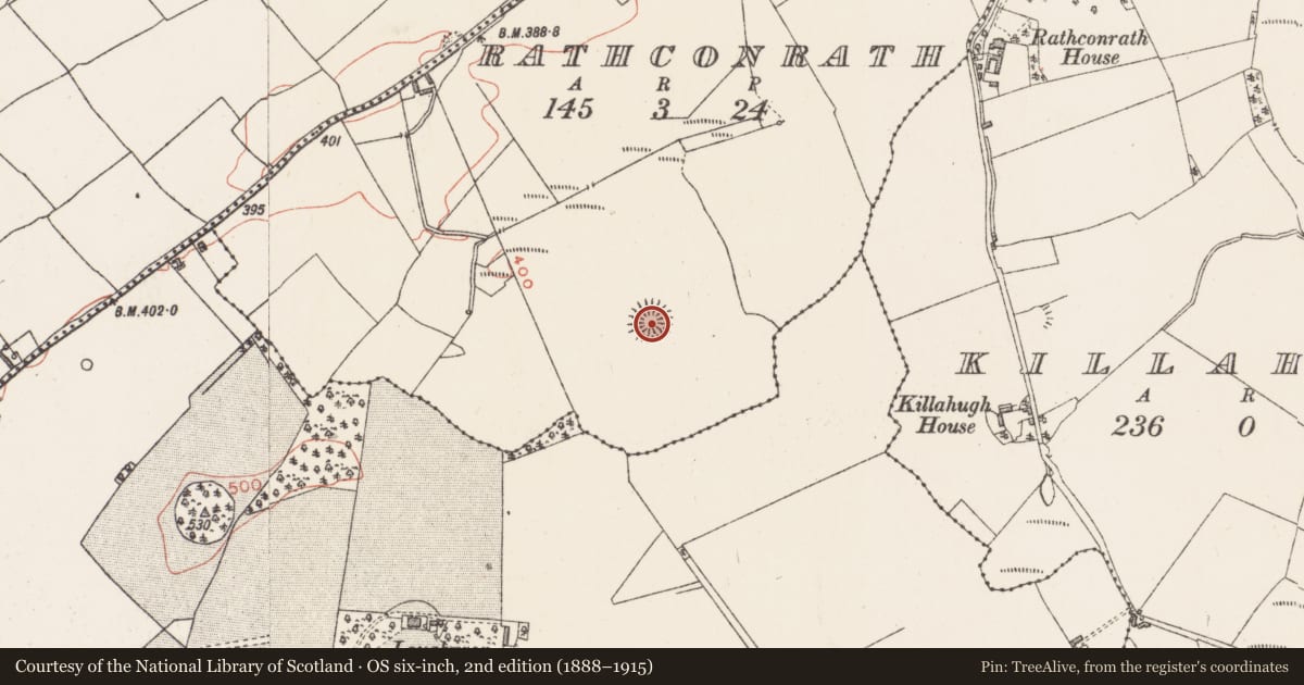 Ordnance Survey six-inch map, 2nd edition (1888–1915) covering the location of House - indeterminate date, Rathconrath, County Westmeath, with a pin at the register's coordinates