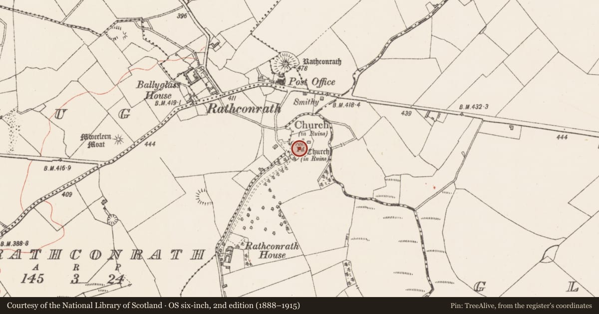 Ordnance Survey six-inch map, 2nd edition (1888–1915) covering the location of Ecclesiastical enclosure, Killahugh, County Westmeath, with a pin at the register's coordinates