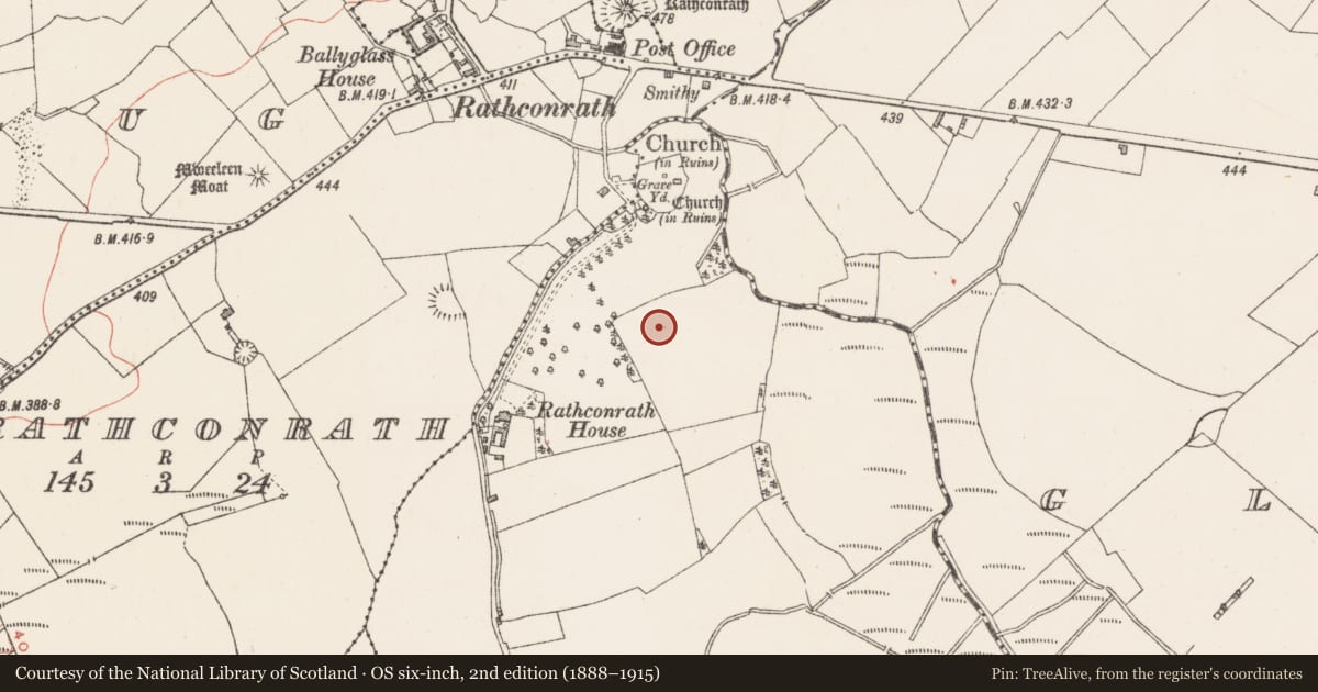 Ordnance Survey six-inch map, 2nd edition (1888–1915) covering the location of Standing stone, Killahugh, County Westmeath, with a pin at the register's coordinates