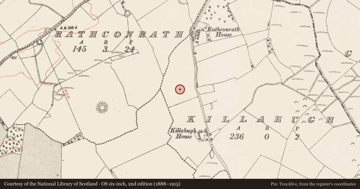 Ordnance Survey six-inch map, 2nd edition (1888–1915) covering the location of Earthwork, Killahugh, County Westmeath, with a pin at the register's coordinates