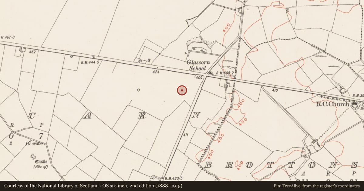 Ordnance Survey six-inch map, 2nd edition (1888–1915) covering the location of Standing stone, Glascarn, County Westmeath, with a pin at the register's coordinates