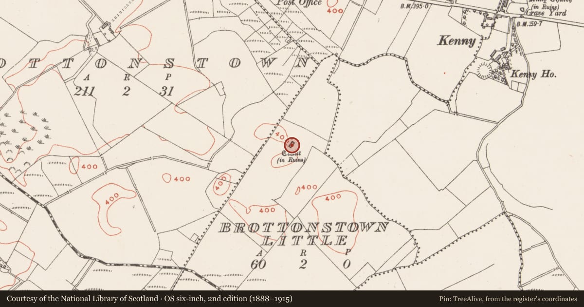 Ordnance Survey six-inch map, 2nd edition (1888–1915) covering the location of House - fortified house, Brottonstown Little, County Westmeath, with a pin at the register's coordinates