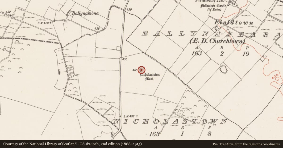 Ordnance Survey six-inch map, 2nd edition (1888–1915) covering the location of Barrow - mound barrow, Nicholastown, County Westmeath, with a pin at the register's coordinates