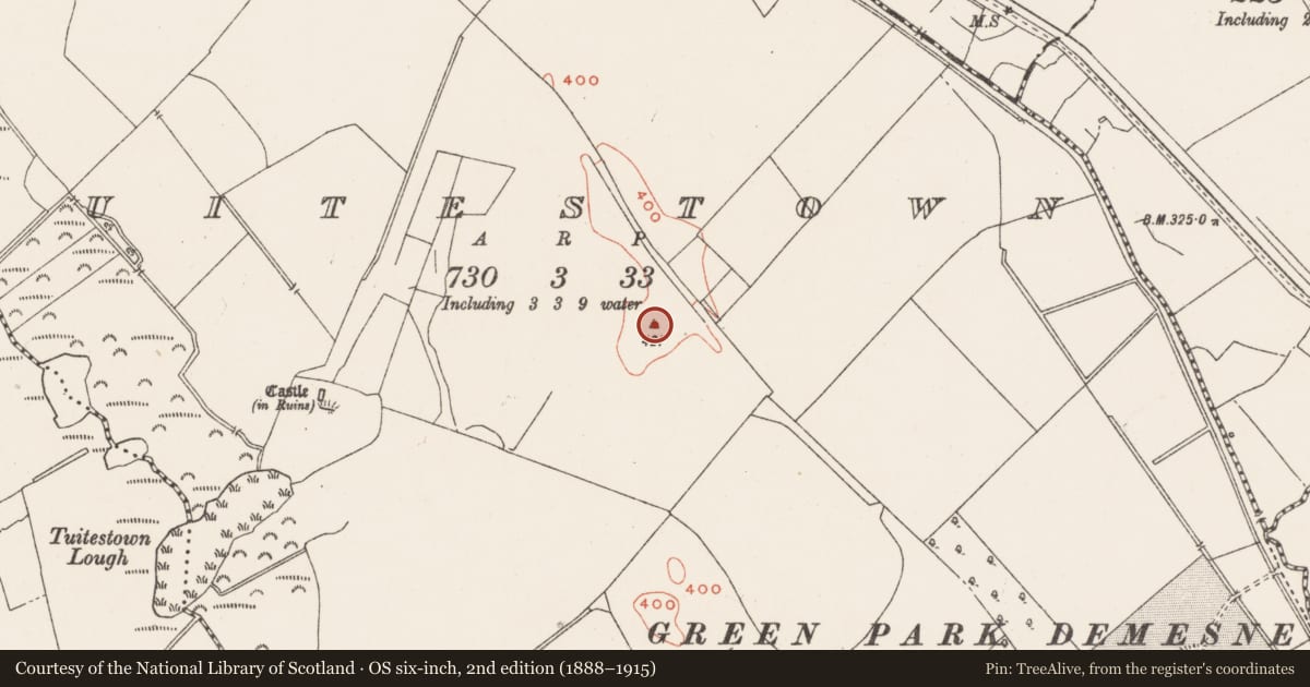 Ordnance Survey six-inch map, 2nd edition (1888–1915) covering the location of Barrow - bowl-barrow, Tuitestown, County Westmeath, with a pin at the register's coordinates