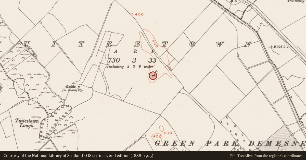 Ordnance Survey six-inch map, 2nd edition (1888–1915) covering the location of Enclosure - large enclosure, Tuitestown, County Westmeath, with a pin at the register's coordinates
