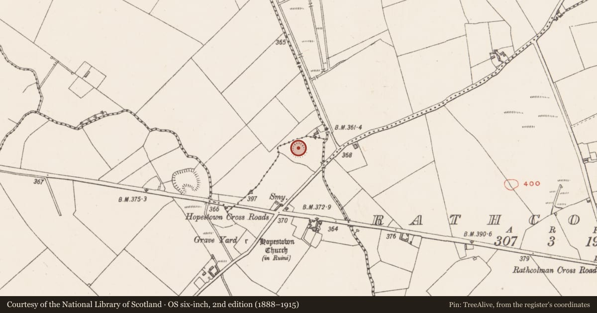 Ordnance Survey six-inch map, 2nd edition (1888–1915) covering the location of Ringfort - rath, Hopestown, County Westmeath, with a pin at the register's coordinates