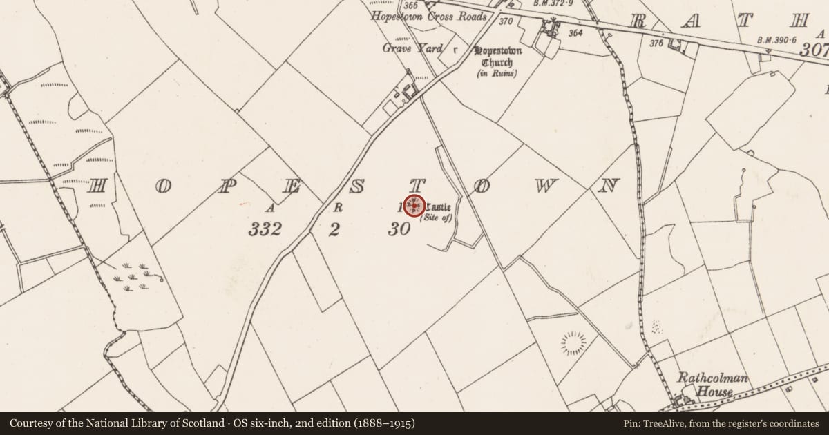 Ordnance Survey six-inch map, 2nd edition (1888–1915) covering the location of Castle - tower house, Hopestown, County Westmeath, with a pin at the register's coordinates