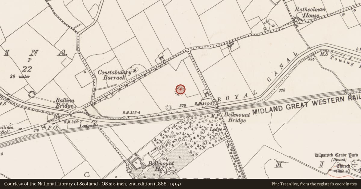 Ordnance Survey six-inch map, 2nd edition (1888–1915) covering the location of Designed landscape - tree-ring, Curristown Or Bellmount, County Westmeath, with a pin at the register's coordinates