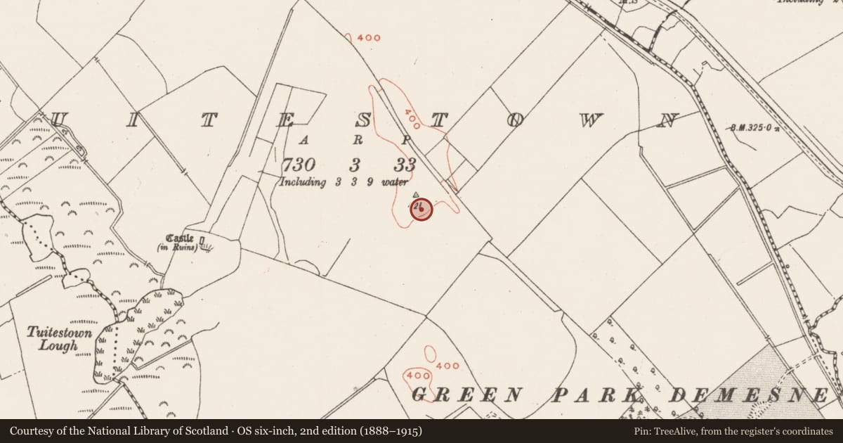 Ordnance Survey six-inch map, 2nd edition (1888–1915) covering the location of Barrow - ring-barrow, Tuitestown, County Westmeath, with a pin at the register's coordinates