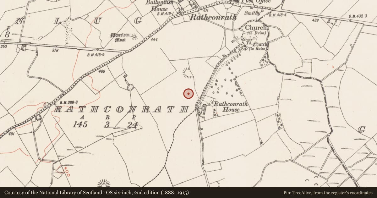 Ordnance Survey six-inch map, 2nd edition (1888–1915) covering the location of Cist, Rathconrath, County Westmeath, with a pin at the register's coordinates