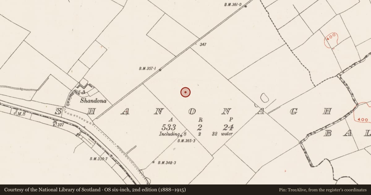 Ordnance Survey six-inch map, 2nd edition (1888–1915) covering the location of Enclosure, Shanonagh, County Westmeath, with a pin at the register's coordinates