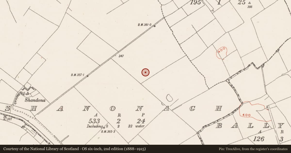 Ordnance Survey six-inch map, 2nd edition (1888–1915) covering the location of Earthwork, Shanonagh, County Westmeath, with a pin at the register's coordinates
