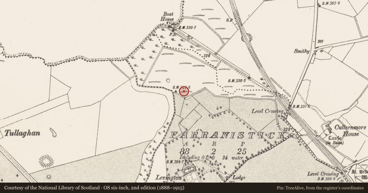 Ordnance Survey six-inch map, 2nd edition (1888–1915) covering the location of Fulacht fia, Farranistick, County Westmeath, with a pin at the register's coordinates