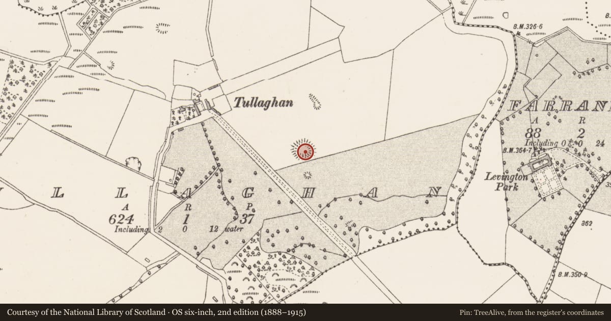 Ordnance Survey six-inch map, 2nd edition (1888–1915) covering the location of Ringfort - rath, Tullaghan, County Westmeath, with a pin at the register's coordinates